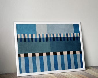 Kunstprint met geometrische strepen in blauwe tinten | Abstracte horizontale blokkunstposter