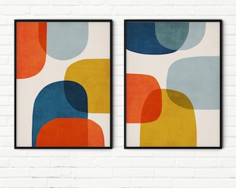 Opvallende, retro, kleurrijke kamerdecoratie met kunstprints in moderne organische vormen.