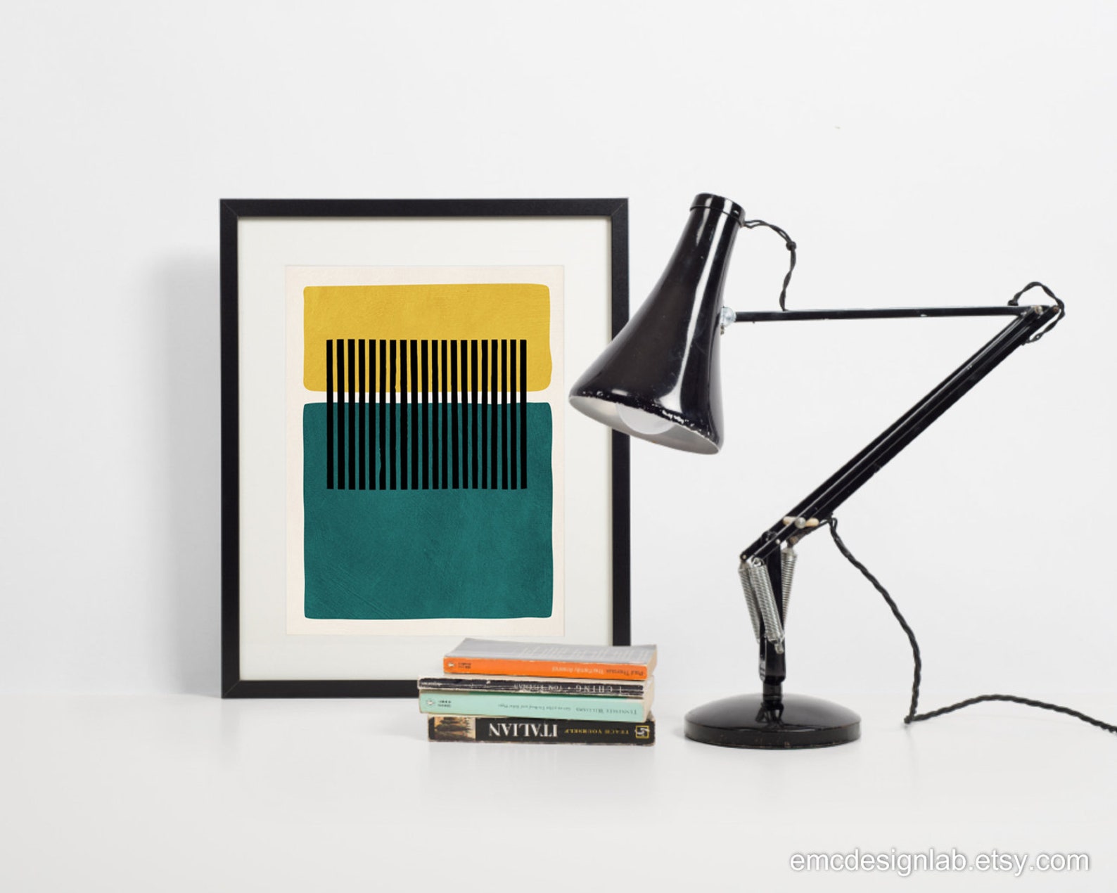 Abstract Teal Yellow Wall Art Mustard Dark Teal Black Lines Etsy