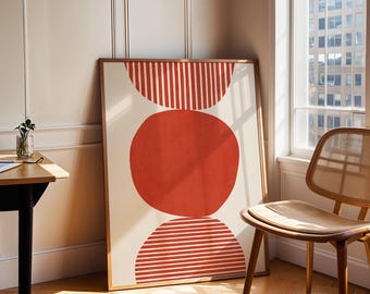 Abstract Art Print Modern Red Orange Wall Art, Retro Living Room Decor