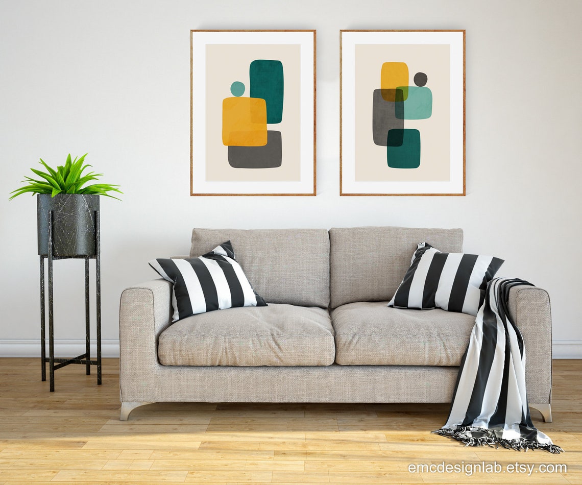 Set of 2 Teal Mustard Gray Wall Art Original Organic Shapes Etsy
