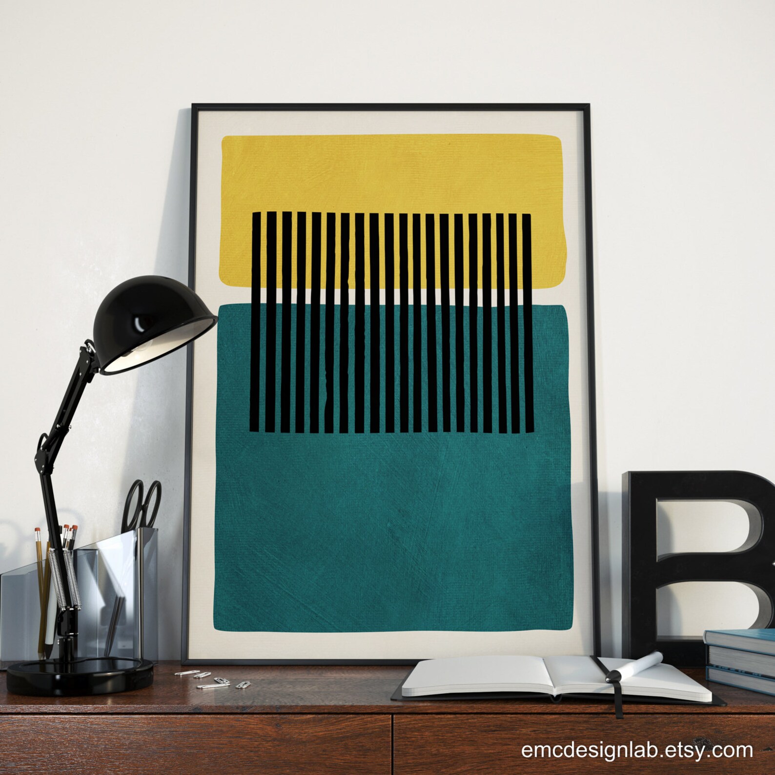 Abstract Teal Yellow Wall Art Mustard Dark Teal Black Lines Etsy