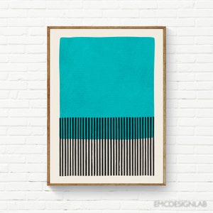 Minimalist Print Abstract Turquoise Black Stripes Wall Art, Mid Century Modern Aqua Minimal Print Minimalist Artwork