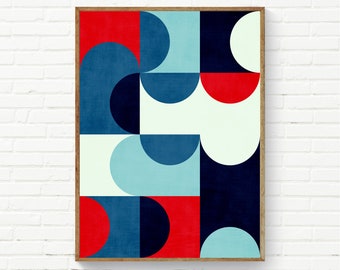 Art mural géométrique dans des couleurs rouge, bleu et blanc, impression d'art moderne en demi-cercles, affiche inspirée du Bauhaus, art mural MCM