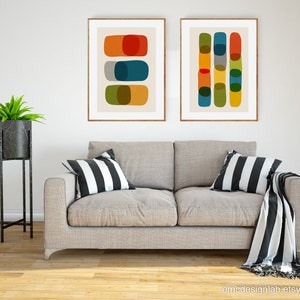 Set of 2 Abstract Modern Colorful Wall Art, Orange Red Gray Blue Yellow ...