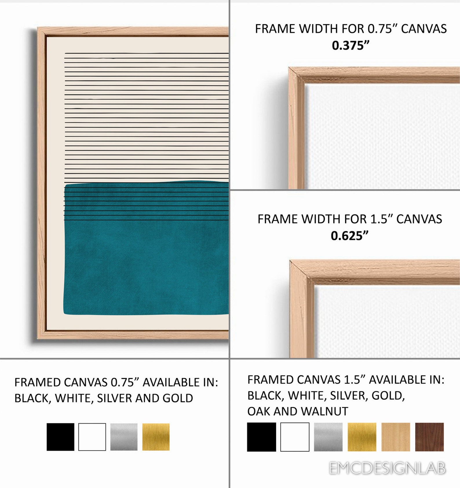 Dark Teal Modern Minimalist Artwork Framed Canvas Wall Art Black Lines ...