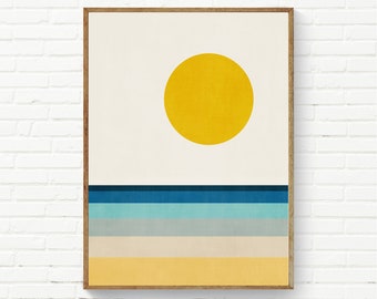 Yellow Sun & Sea Abstract Landscape, Minimalist Print, Minimalism Painting, Simple Trendy Wall Art, Nursery Sun Sea Print Decor