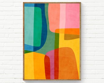 Moderne muurkunst felle, levendige kleuren woonkamer kunstafdruk, veelkleurige abstracte MCM digitaal schilderen, kleurrijke MCM abstracte kunst aan de muur wordt afgedrukt
