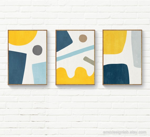 Abstract Original Artwork Etsy - Abstract Trendy Geometric Gray Organic Print, Minimalist Art, Navy Baby Shapes, Blue, Simple Yellow Poster