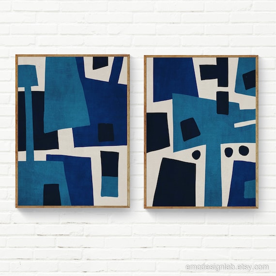 Bold Abstract Painting Hard Edge Digital Painting Blue Black Wall
