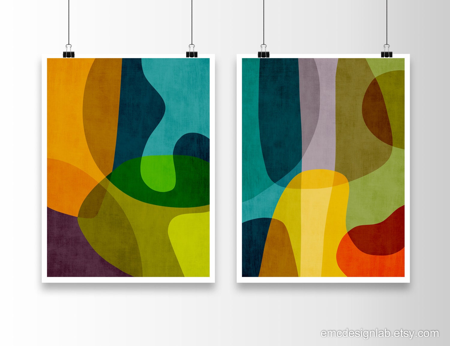 Set of 2 Colorful Abstract Prints Bold Wall Art Set of 2, Mid