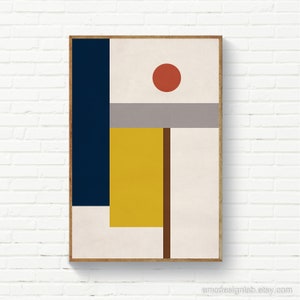 Geometric Abstract Composition Print, MidCentury Modern Wall Art, Navy Mango Burnt Orange, Geometric Print