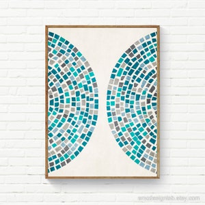 Moderne mozaïek halve cirkels muurkunst groenblauw turkoois abstracte print / slaapkamer grijs groenblauw originele unieke prints