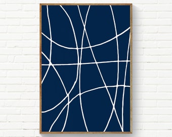 Minimalist Navy Blue Print Minimal Wall Art, White Line Art Navy Blue, Abstract Navy White Modern Art Decor
