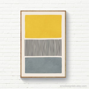 Arte de pared moderno en amarillo y gris, póster original de mediados de siglo, arte de pared para sala de estar de 24 x 36, impresión minimalista original de líneas verticales