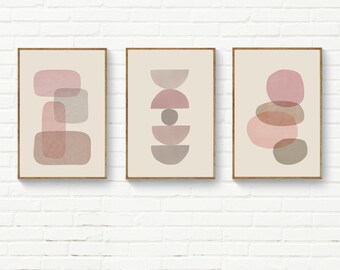 Set of 3 Blush & Beige Wall Art, Mid Century Set of 3 Prints, Minimalist Neutral Modern Pink Gray Wall Art, Printable Set of 3 Prints