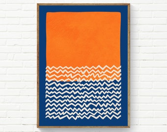 Lámina decorativa de pared naranja y azul. Obra de arte abstracta naranja. Láminas marinas originales.