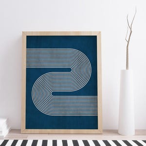 Imprimé lignes rétro minimalistes bleu marine et beige, art mural minimalisme moderne, art mural beige bleu marine image 4