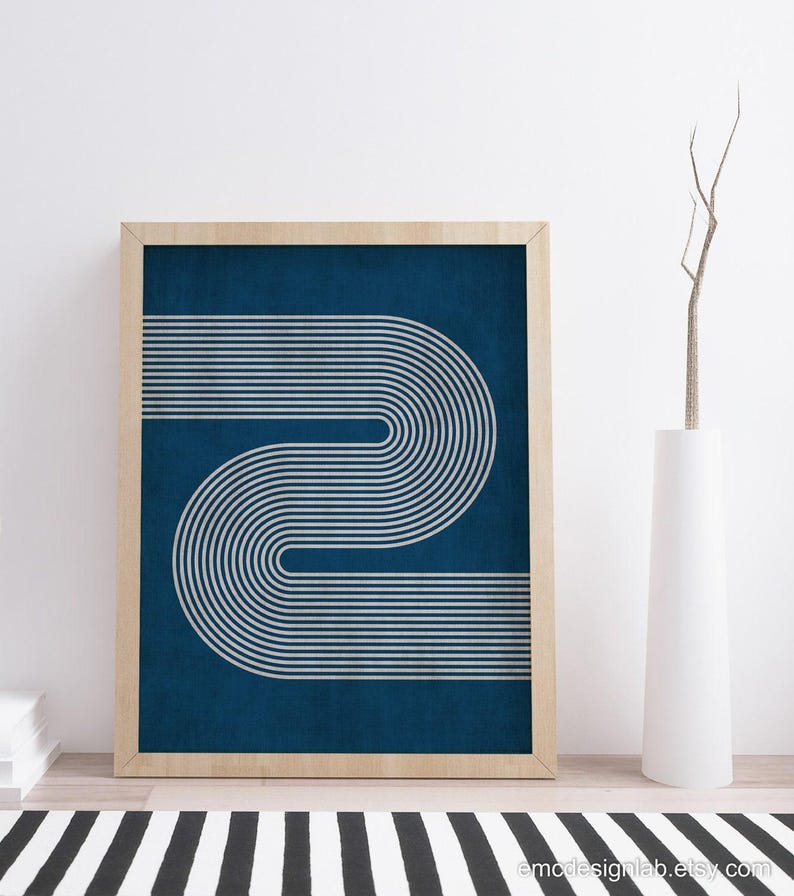 Imprimé lignes rétro minimalistes bleu marine et beige, art mural minimalisme moderne, art mural beige bleu marine image 4