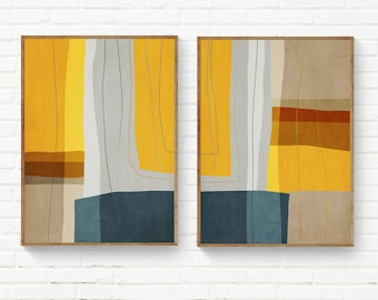 Set of 2 Yellow Blue Beige Modern Wall Art, Set of 2 Abstract Prints, Mango Mustard Navy Gray Mid-Century Print Set