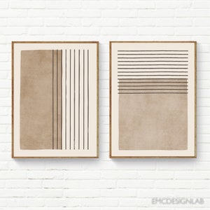 Conjunto de arte minimalista con líneas en marrón claro y tostado, arena café con leche, obras de arte elegantes y neutras, estilo bohemio abstracto