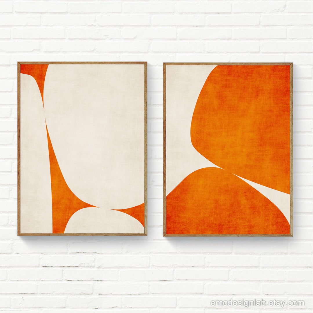 Deep Orange off White Organic Shapes Abstract Art Print Set of 2 Rich