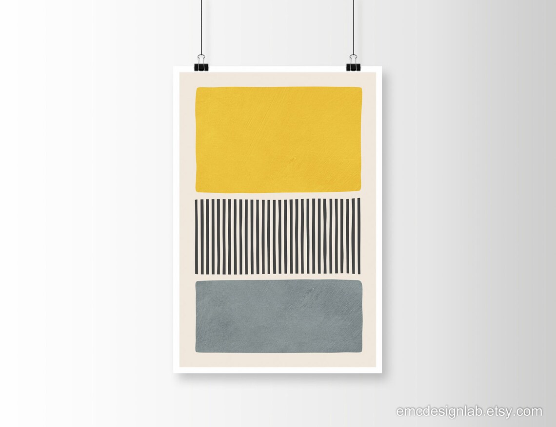Yellow & Gray Modern Wall Art Midcentury Original Poster Etsy