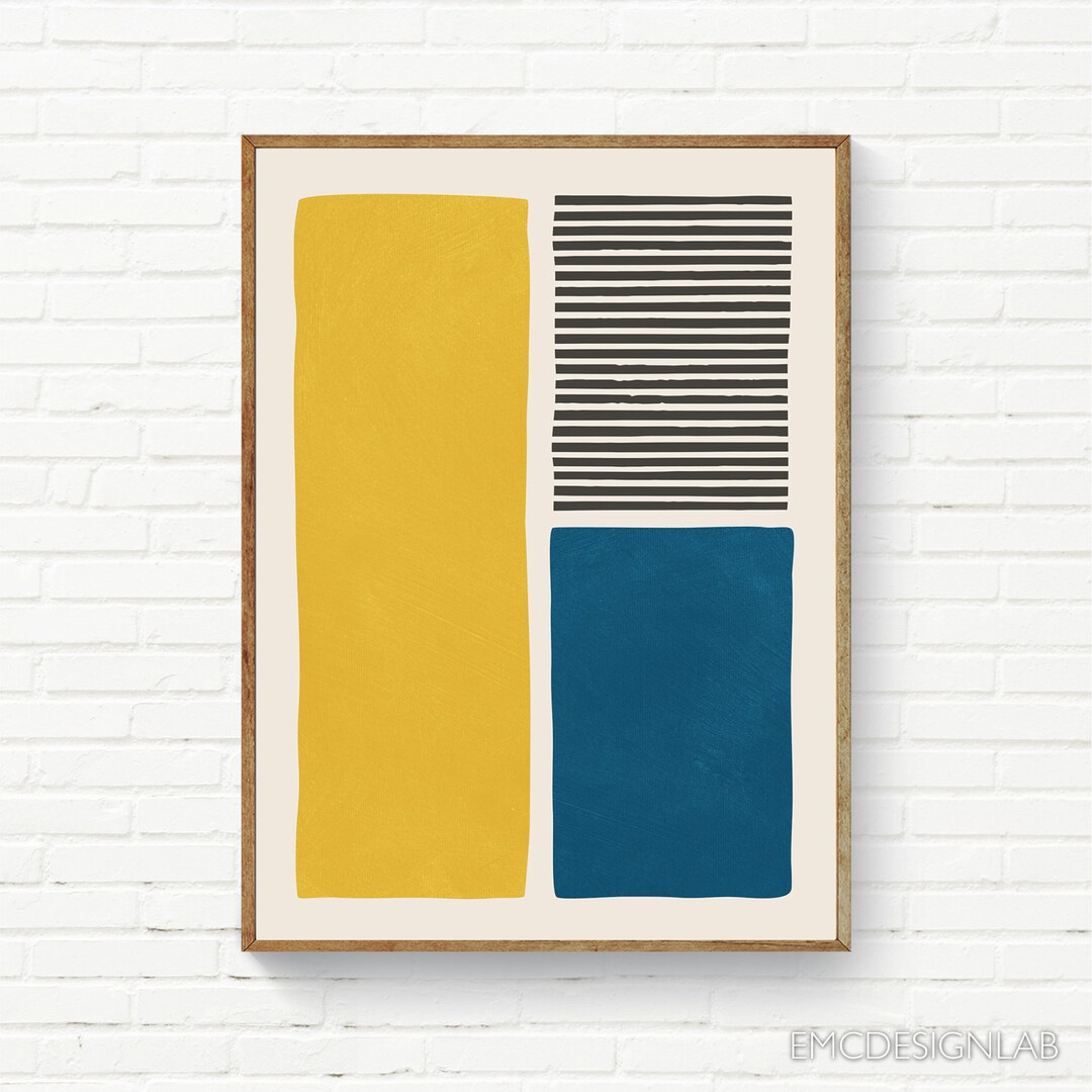 Blue Yellow Minimalist Modern Artwork Black Bold Lines Canvas Wall Art ...
