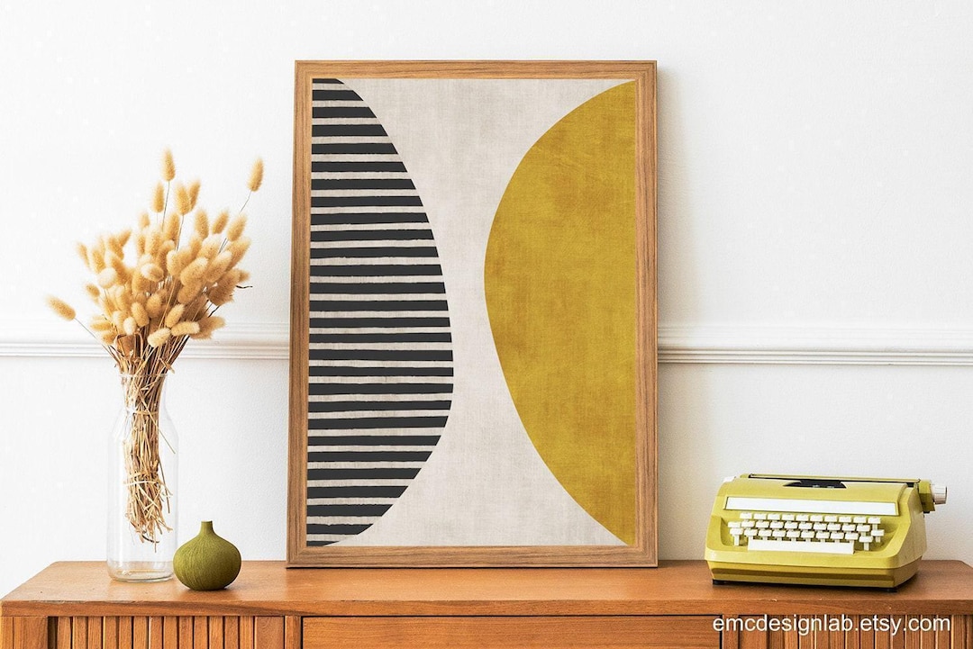 Mustard Yellow Black Lines Modern Art, Bold Abstract Minimalist Wall ...
