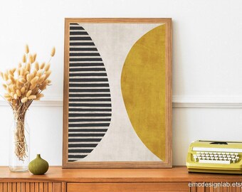Senf Gelb Schwarze Linien Moderne Kunst, Abstrakte minimalistische Wandkunst, Senf Schwarzer Kunstdruck, Gelb Schwarze Poster, Zeitgenössische Kunst
