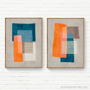 Original Unique Abstract Art Set 2 Prints Orange White Dark Teal Petrol Blue Beige Classy Artwork Set of 2 Digital Painting image 1