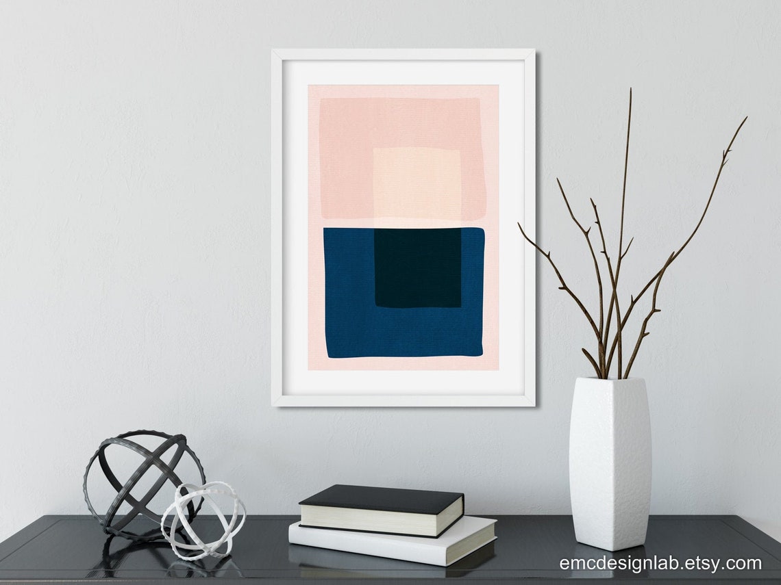 Pink & Navy Wall Art Original Print Blush Blue Midcentury Etsy