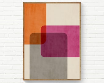 Mid-Century Minimalist Colorful Wall Art Magenta Pink Orange Kitchen Decor, Bright Colors PLayful Modern Artwork Digital Painting Abstract