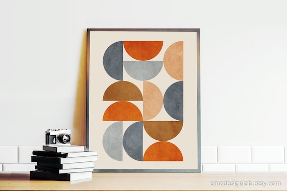 Burnt Orange Gray Peach Caramel Minimalist Wall Art, Geometric