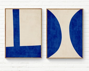Deep Blue Neon Linen Texture Wall Art / Minimalist Blue Beige Artwork Set / Bold Minimalism Decor / Contemporary Living Room / Unique Art