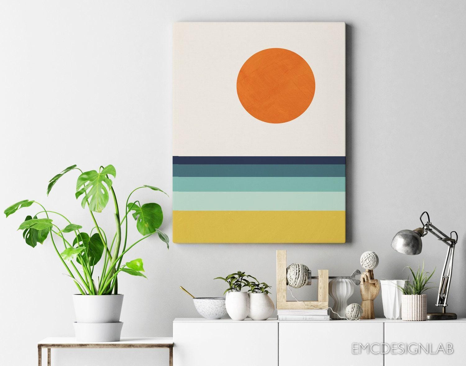 Geometric Abstract Landscape, Beach Sea Sun Abstract Midcentury Modern ...