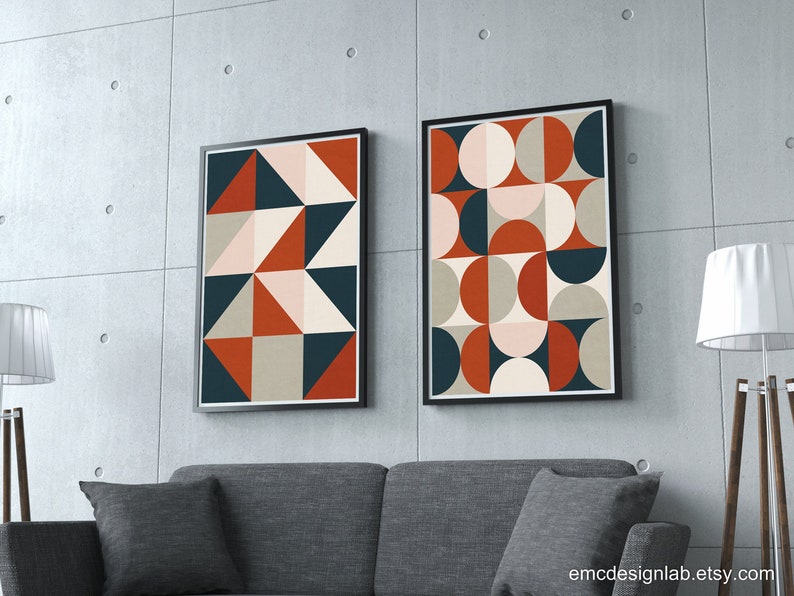 Burnt Orange Wall Art  Blush Navy Beige Geometric Print  Minimalist SemiCircles Art  Moon Half Moon MidCentury Prints  Living Room Art