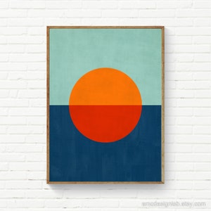 Abstract Landscape, Geometric Minimalist Print, Orange & Blue Print, Sun Sea Wall Art, Modern Minimalist Prints