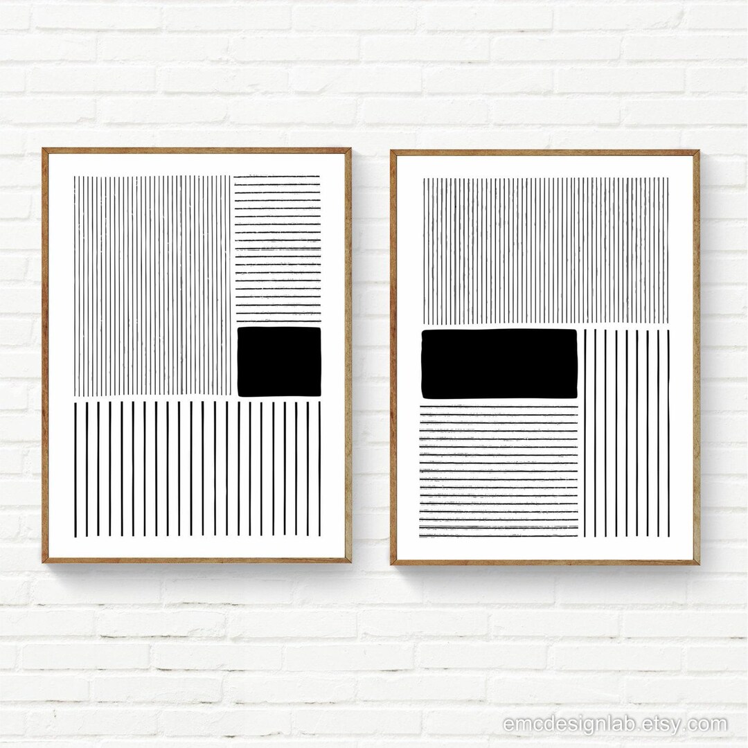 Set of 2 Black & White Lines Prints, Minimalism Line Art Wall Art Set ...