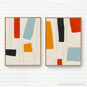 Set of 2 Mid-Century Modern Prints, Set of 2 Colorful Minimalist Print, Set of 2 Modern Wall Art, Original Art Print Set