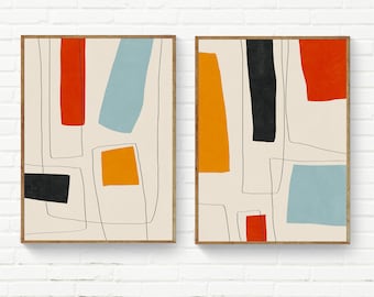 2er-Set Mid-Century Modern Prints, 2er-Set Bunter Minimalistischer Druck, 2er-Set Moderne Wandkunst, Original Kunstdruck-Set