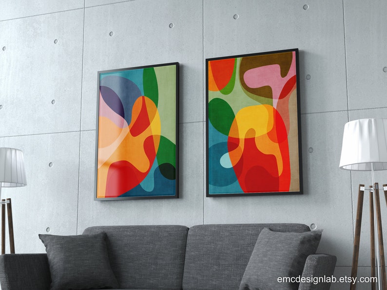 Set of 2 Colorful Modern Art, Set of 2 Mid-Century Abstract Prints, Vibrant Color Wall Art, Mid-Century Modern Prints, Bold Design image 9