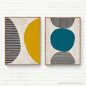 Set of 2 Dark Teal Mustard Yellow Wall Art, Minimalism Bold Wall Art Set, Black Yellow Teal Print Set of 2, Petrol Blue Green Saffron Yellow