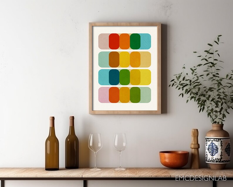 Abstract Mid Century Print Minimalist Modern Wall Art Abstract Geometric Artwork, Blue Red Orange Yellow Print image 8