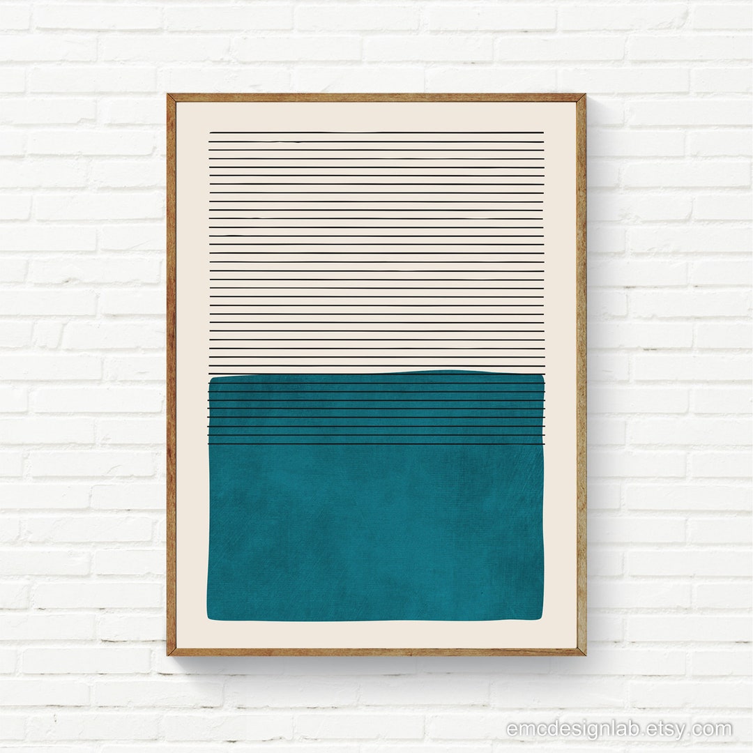 Dark Teal Modern Minimalist Artwork Framed Canvas Wall Art Black Lines ...