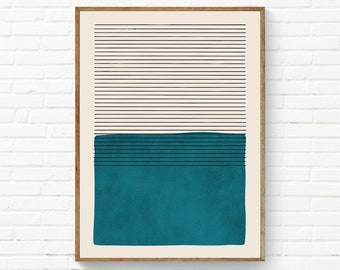 Dark Teal Modern Minimalist Artwork Framed Canvas Wall Art Black Lines Art Print