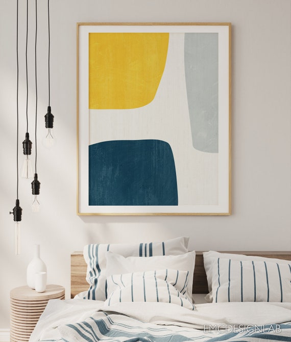 抽象アート ラージサイズプリント、イエロー ネイビー ブルー グレー