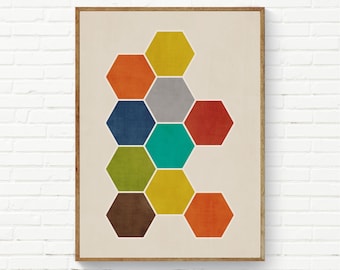 Colorful Mid-Century Modern Exagon Wall Art, Nursery Geometric Print, Honeycomb Wall Art, PlayRoom Modern Print