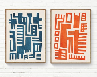 Navy & Orange Unique Abstract Art Set of 2 Prints Custom Colors Available