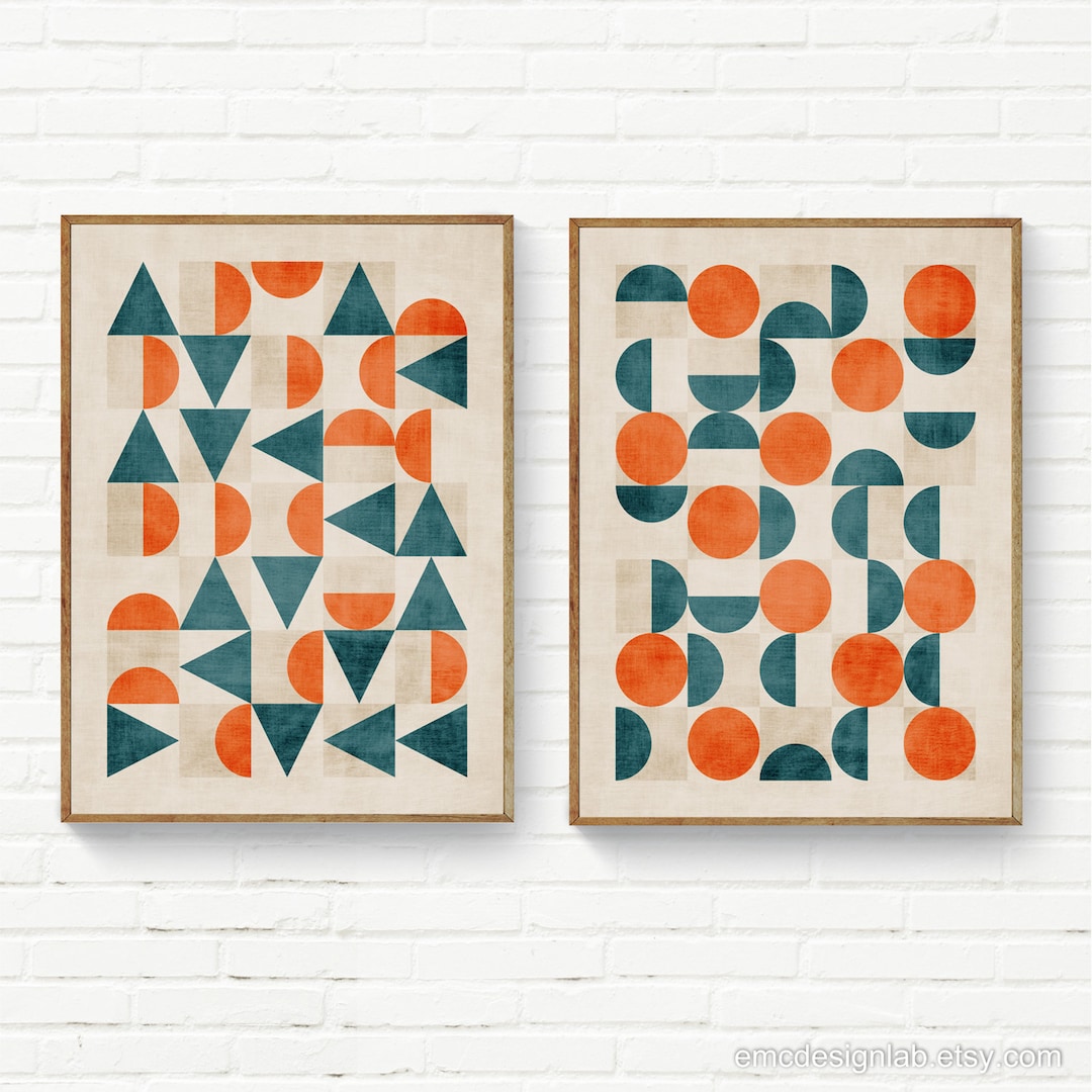 Orange Teal Modern Geometric Art Set 2 Prints Original Wall Art